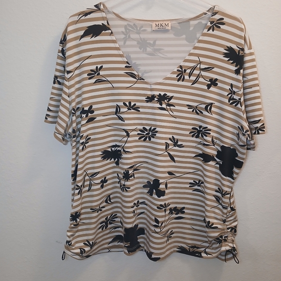 EUC MKM Designs Top Blouse Women's Size 3X White & Tan Stripe With Floral Print - Picture 1 of 6